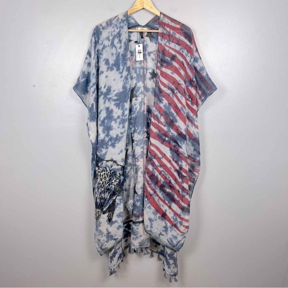 NWT JC Sunny western stars & stripes  patriotic boho fringed kimono wrap, OS.